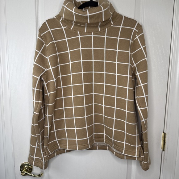 J.CREW Sweaters - J.Crew Fleece Lined Funnel Neck Pullover Womens L Tan Windowpane Grid Old Money